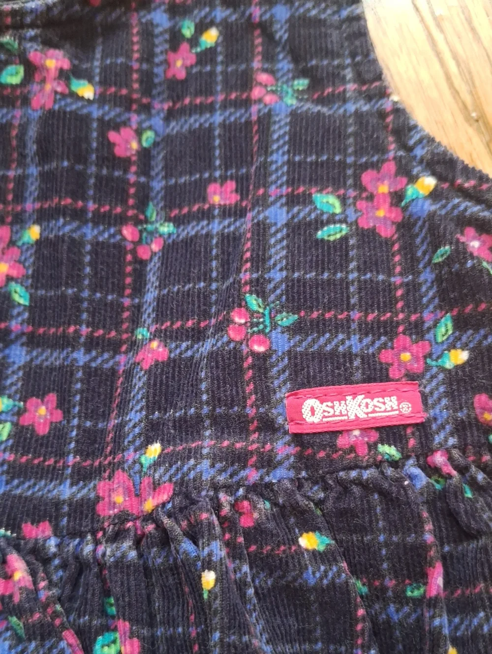 Vintage OshKosh B'gosh Blue and Pink Floral Plaid Corduroy Sleeveless Dress 5